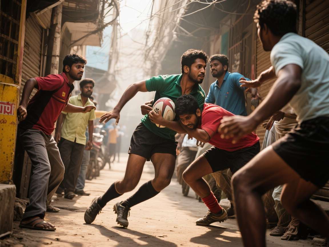 Backyard Rugby India - Realistic Street Gameplay Backyard Rugby India gameplay showing a tackle in a narrow lane
